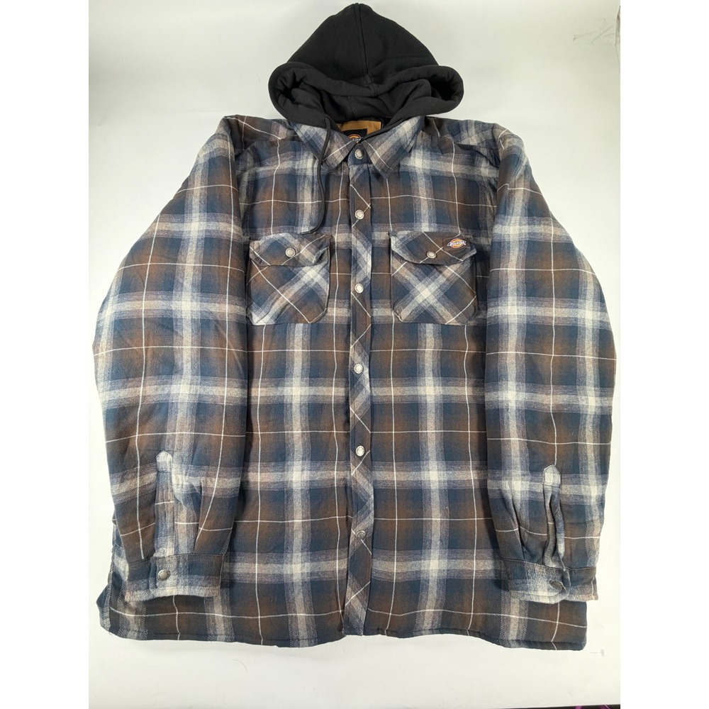 Dickies Mens 2XL Plaid Quilted Flannel Shirt Jacket Hooded Blue Brown Workwear